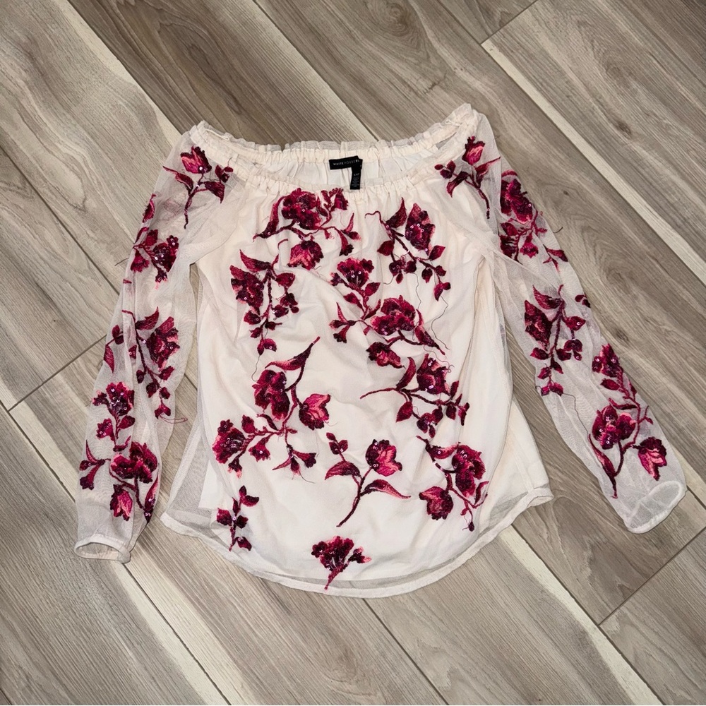 White House Black Market Pink Floral Off-Shoulder Blouse red cream mesh romantic